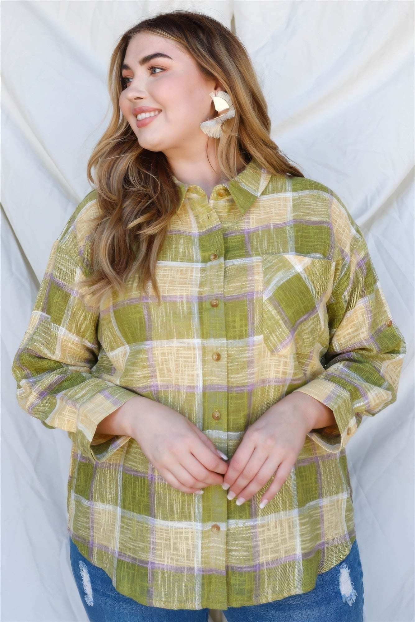 Plus Lime Cotton & Linen Blend Textured Plaid Shirt Top - The Diva Goddess