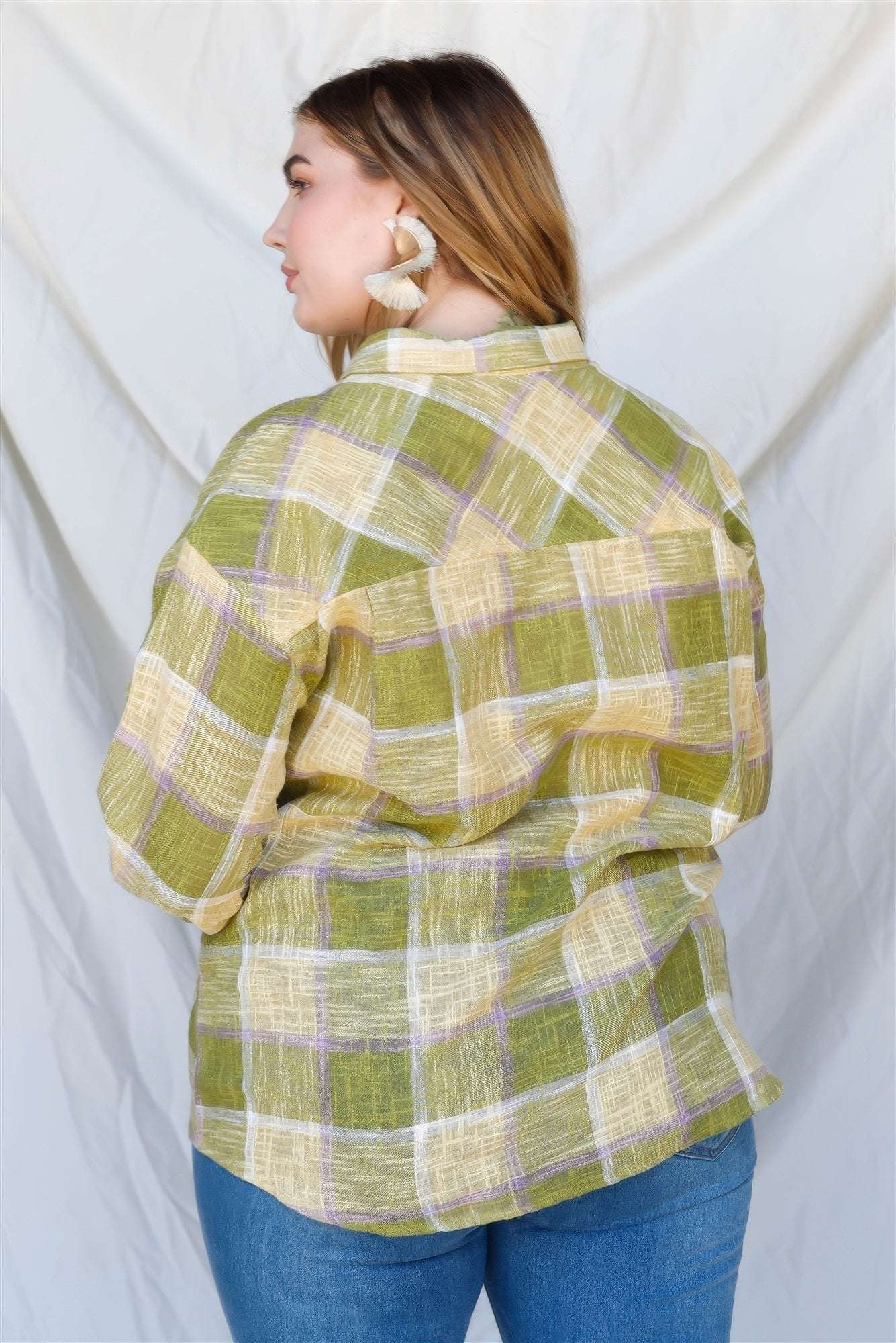 Plus Lime Cotton & Linen Blend Textured Plaid Shirt Top - The Diva Goddess