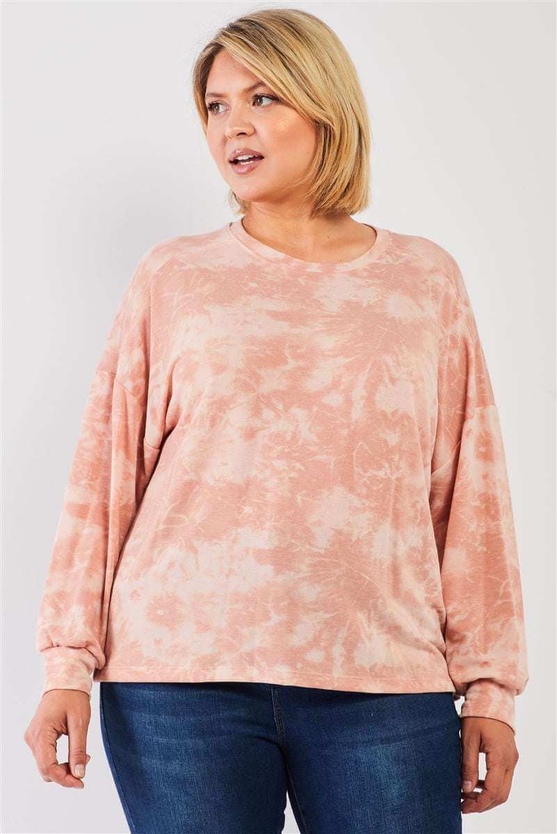 Plus Marsala Tie-dye Print Crew Neck Long Sleeve Loose Fit Sweatshirt - The Diva Goddess