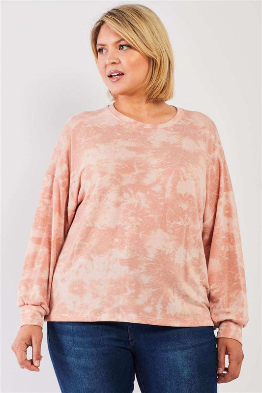 Plus Marsala Tie-dye Print Crew Neck Long Sleeve Loose Fit Sweatshirt - The Diva Goddess