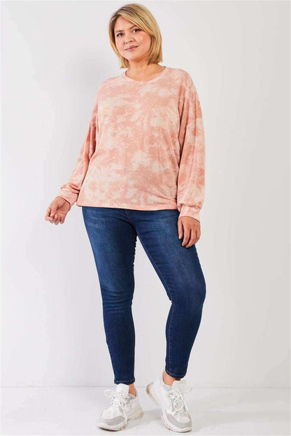 Plus Marsala Tie-dye Print Crew Neck Long Sleeve Loose Fit Sweatshirt - The Diva Goddess