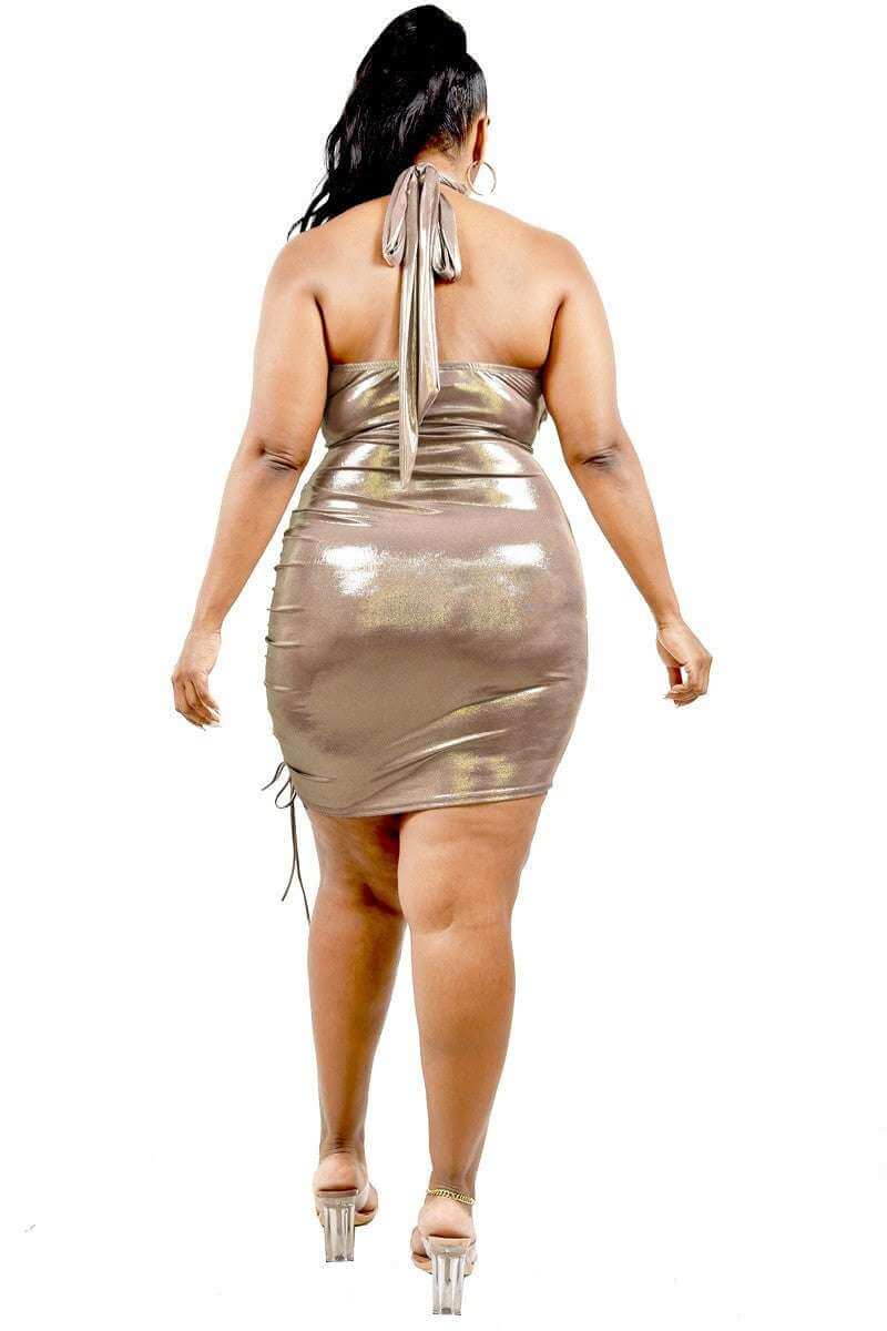 Plus Metallic Cross Wrap Halter Mini Dress - The Diva Goddess