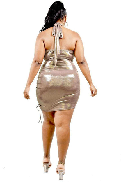 Plus Metallic Cross Wrap Halter Mini Dress - The Diva Goddess