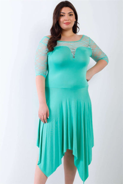 Plus Mint Lace Details Handkerchief Hem Midi Dress - The Diva Goddess