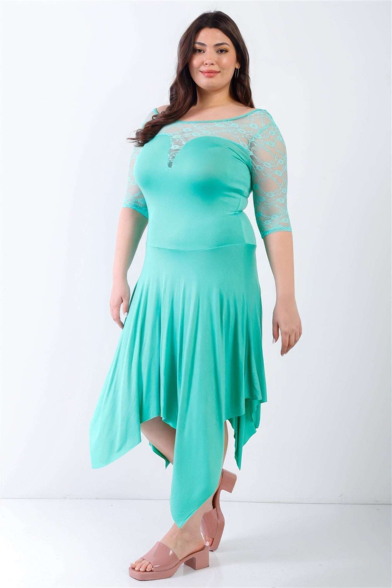 Plus Mint Lace Details Handkerchief Hem Midi Dress - The Diva Goddess