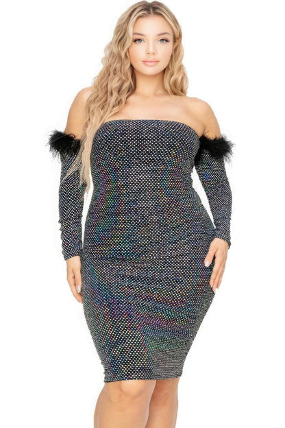 Plus Off Shoulder Feather Trim Detail Sequin Dress - The Diva Goddess