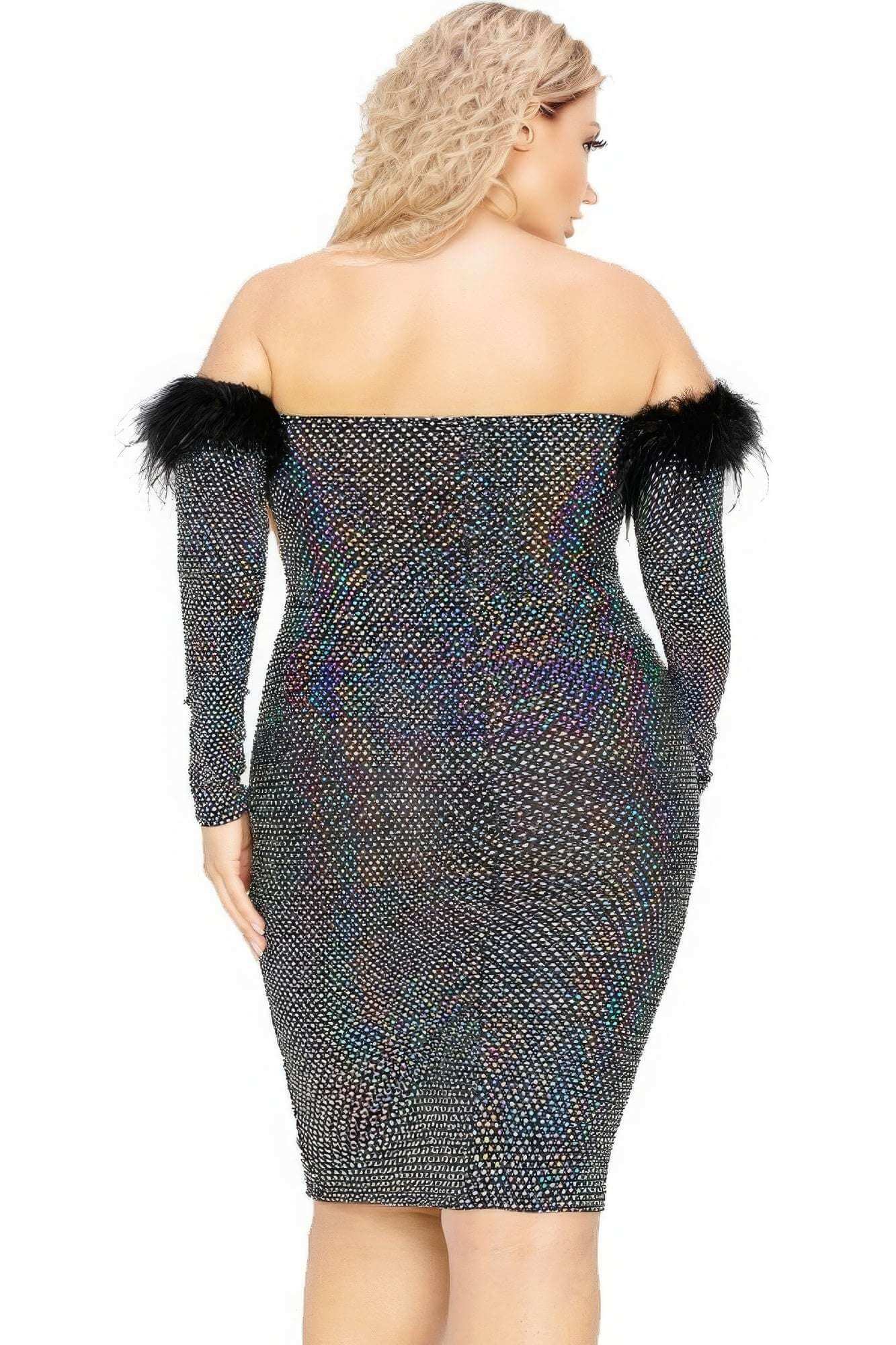 Plus Off Shoulder Feather Trim Detail Sequin Dress - The Diva Goddess