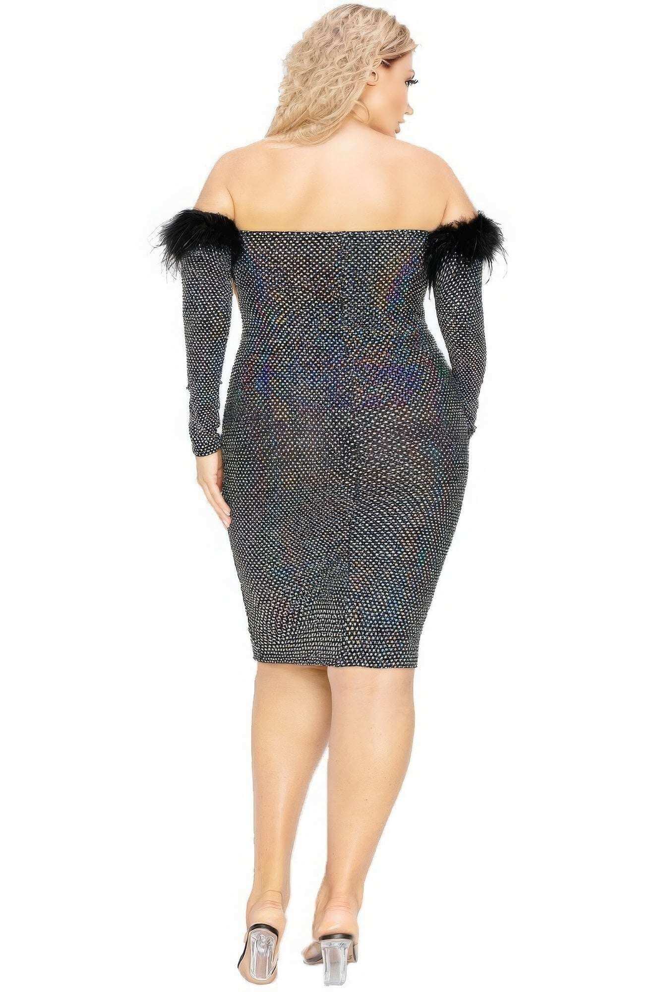 Plus Off Shoulder Feather Trim Detail Sequin Dress - The Diva Goddess