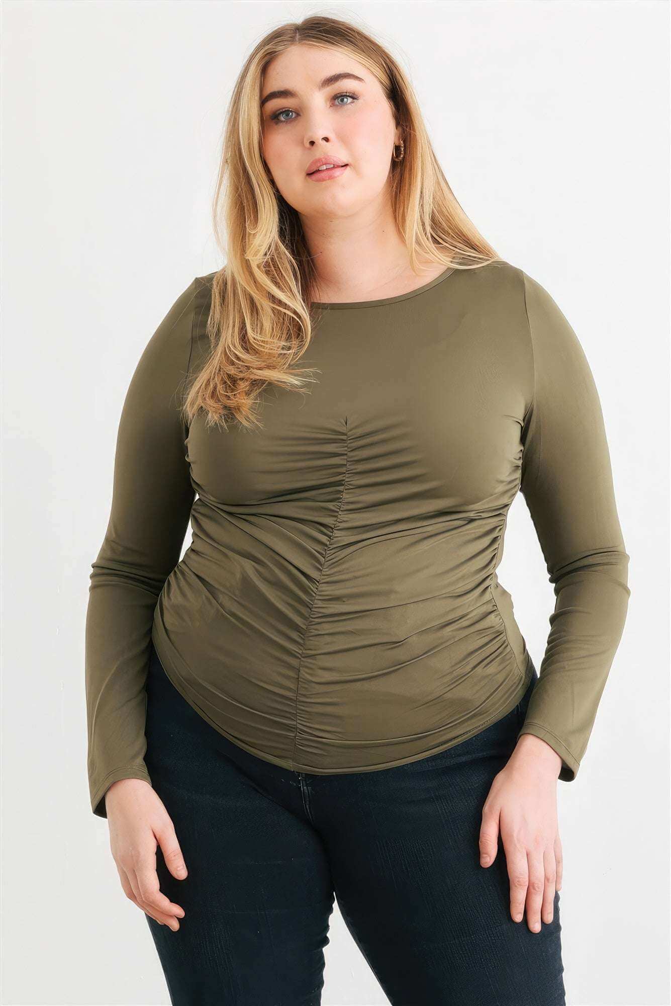 Plus Olive Ruched Long Sleeve Top - The Diva Goddess