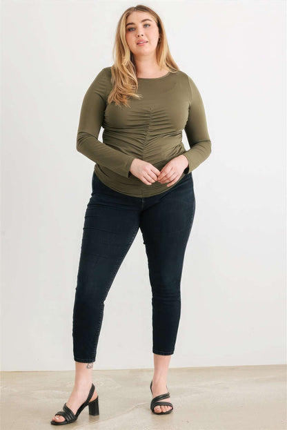 Plus Olive Ruched Long Sleeve Top - The Diva Goddess