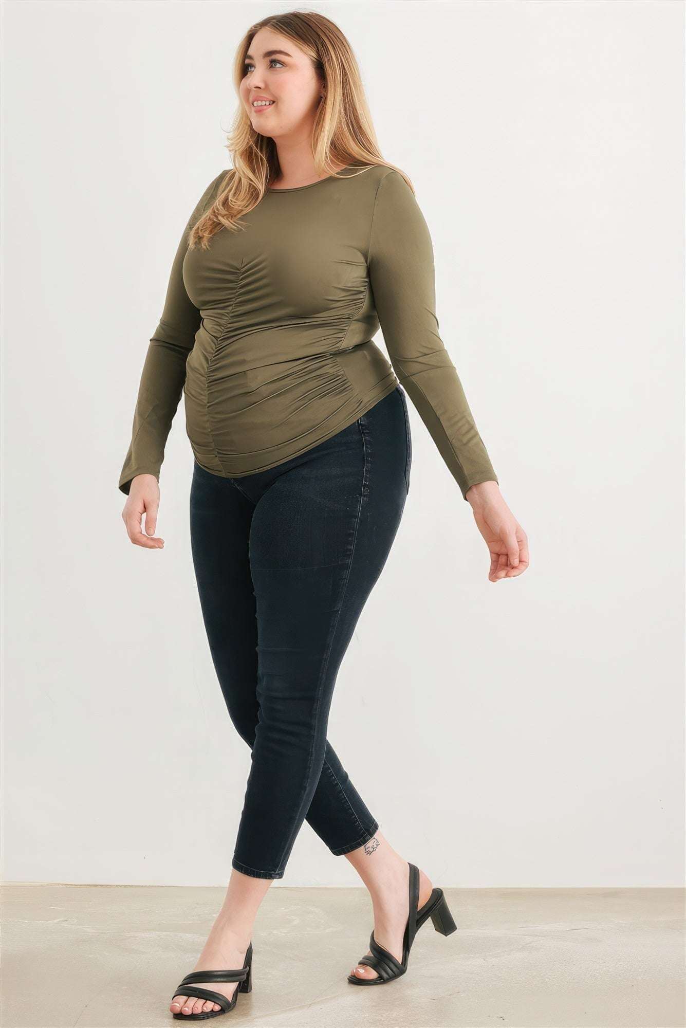 Plus Olive Ruched Long Sleeve Top - The Diva Goddess