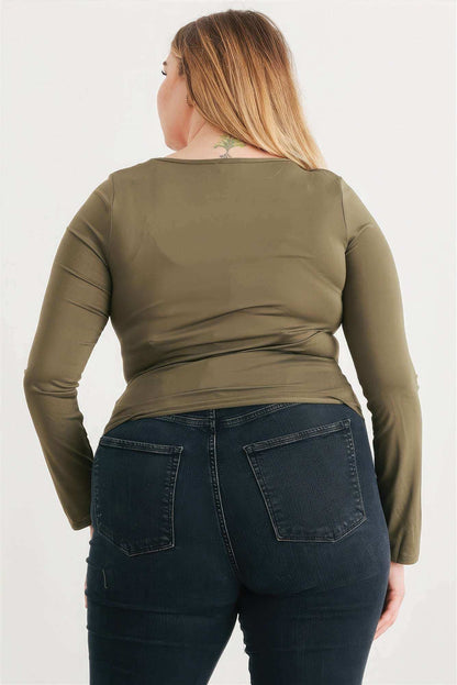 Plus Olive Ruched Long Sleeve Top - The Diva Goddess