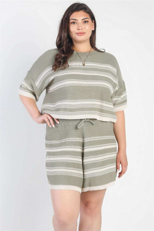 Plus Olive Striped Knit Short Sleeve Crop Top High Waist Shorts Set - The Diva Goddess