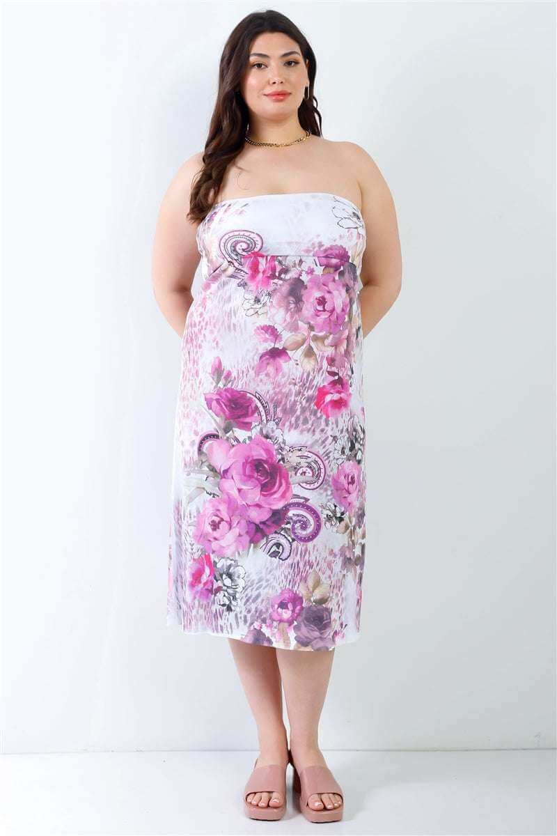 Plus Pink Flower Print Sleeveless Midi Dress - The Diva Goddess