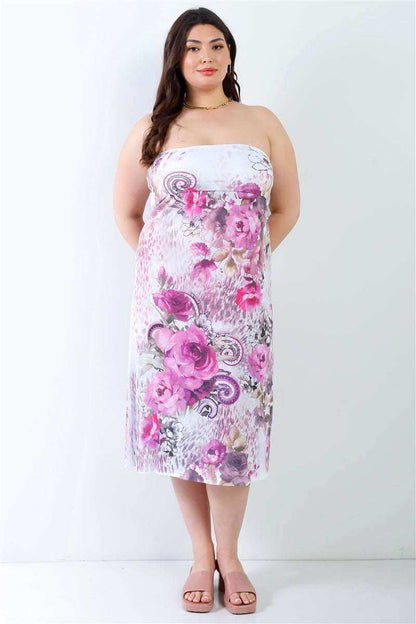 Plus Pink Flower Print Sleeveless Midi Dress - The Diva Goddess