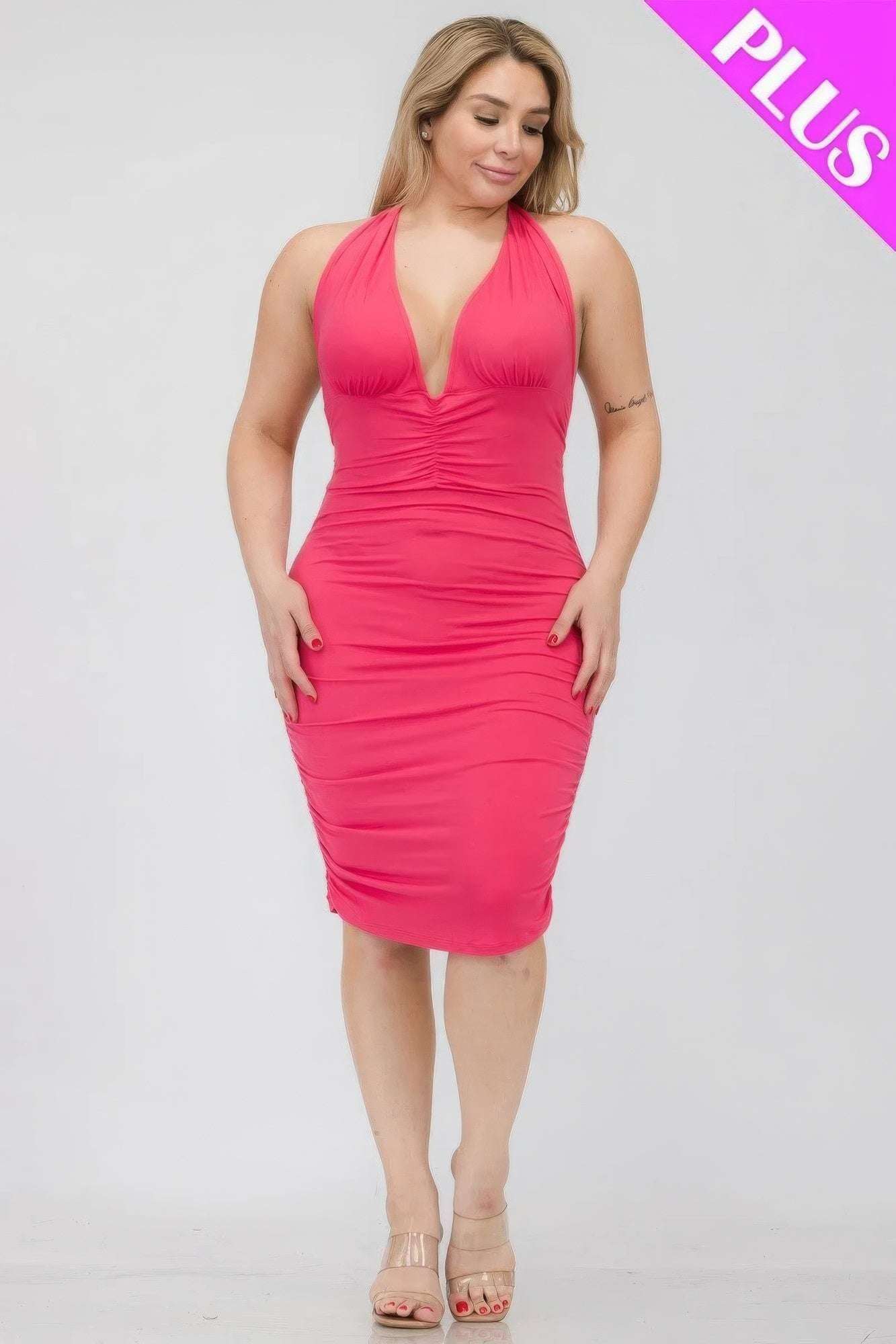 Plus Plunging Neck Crisscross Back Ruched Bodycon Mini Dress - The Diva Goddess