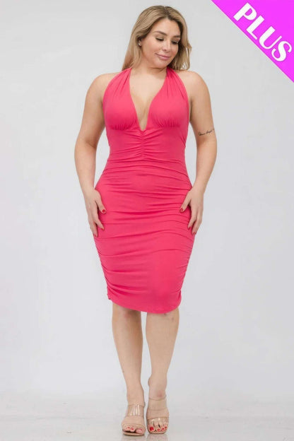 Plus Plunging Neck Crisscross Back Ruched Bodycon Mini Dress - The Diva Goddess