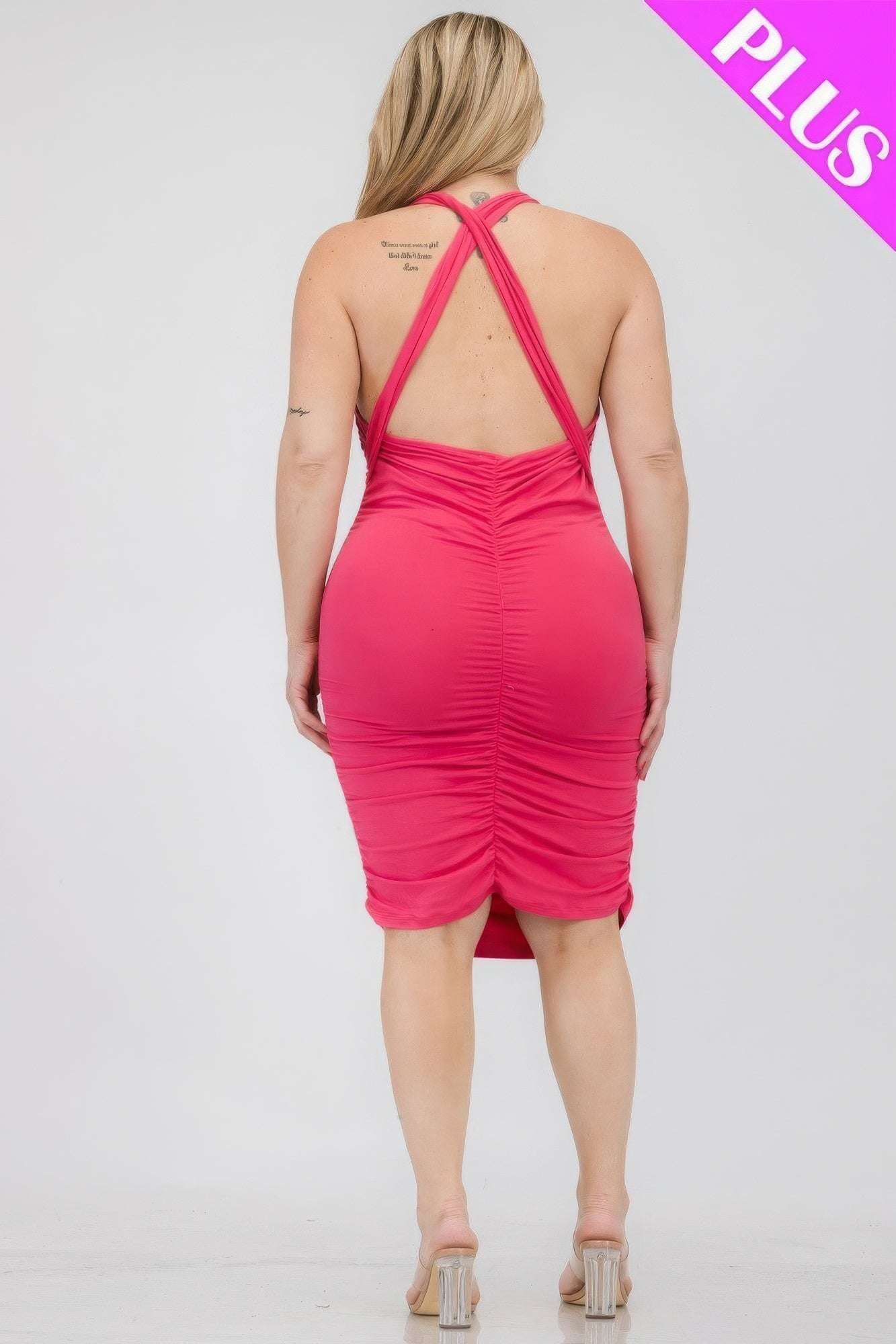 Plus Plunging Neck Crisscross Back Ruched Bodycon Mini Dress - The Diva Goddess