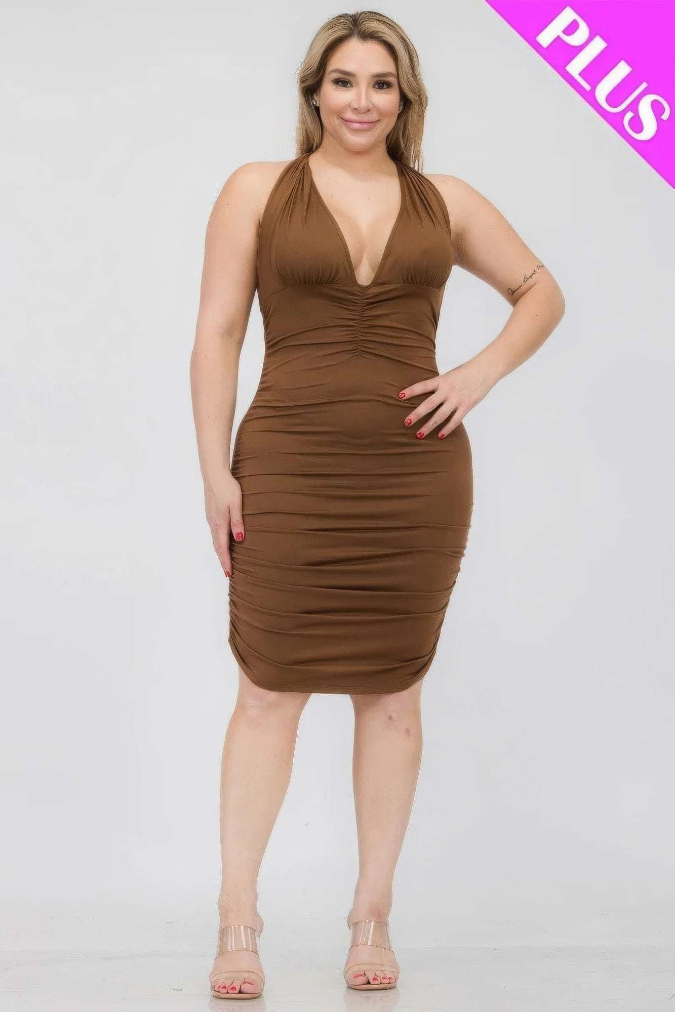 Plus Plunging Neck Crisscross Back Ruched Bodycon Mini Dress - The Diva Goddess