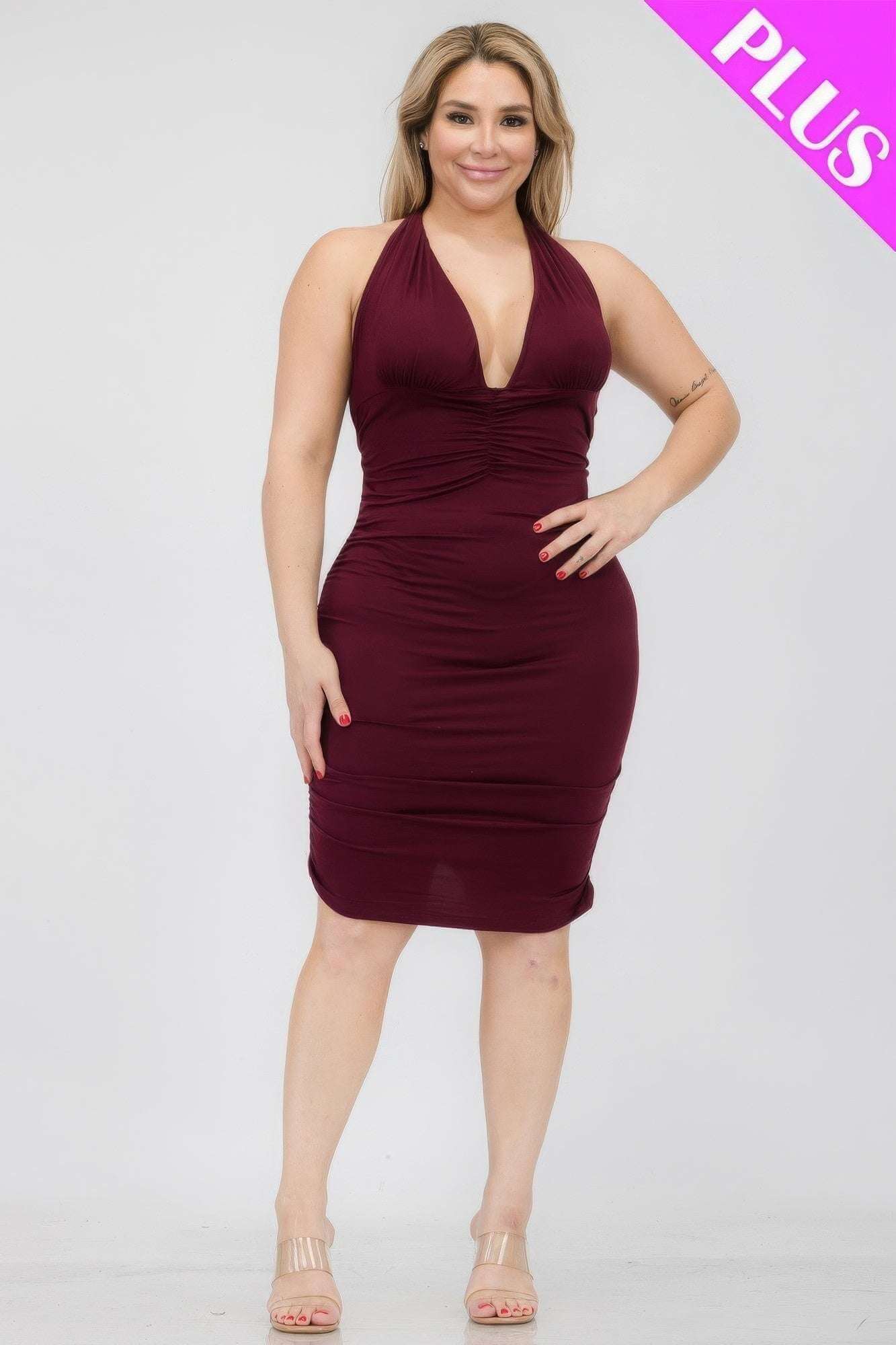 Plus Plunging Neck Crisscross Back Ruched Bodycon Mini Dress - The Diva Goddess