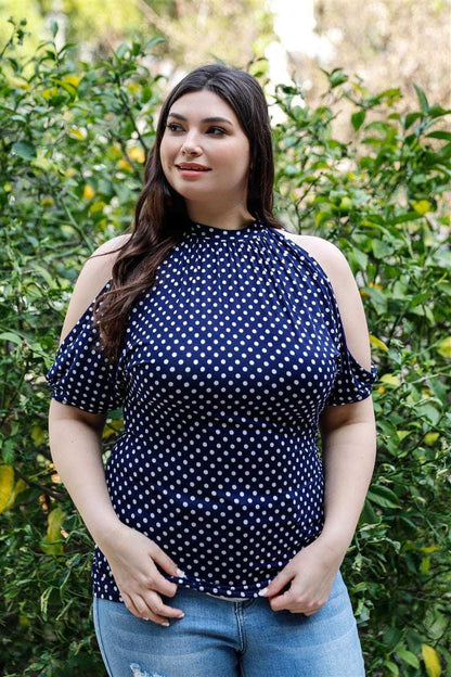 Plus Polka Dot Cold Shoulder Short Sleeve Back Self-tie Top - The Diva Goddess