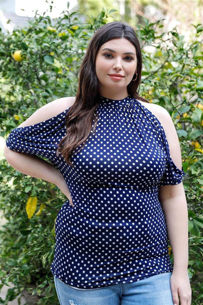 Plus Polka Dot Cold Shoulder Short Sleeve Back Self-tie Top - The Diva Goddess