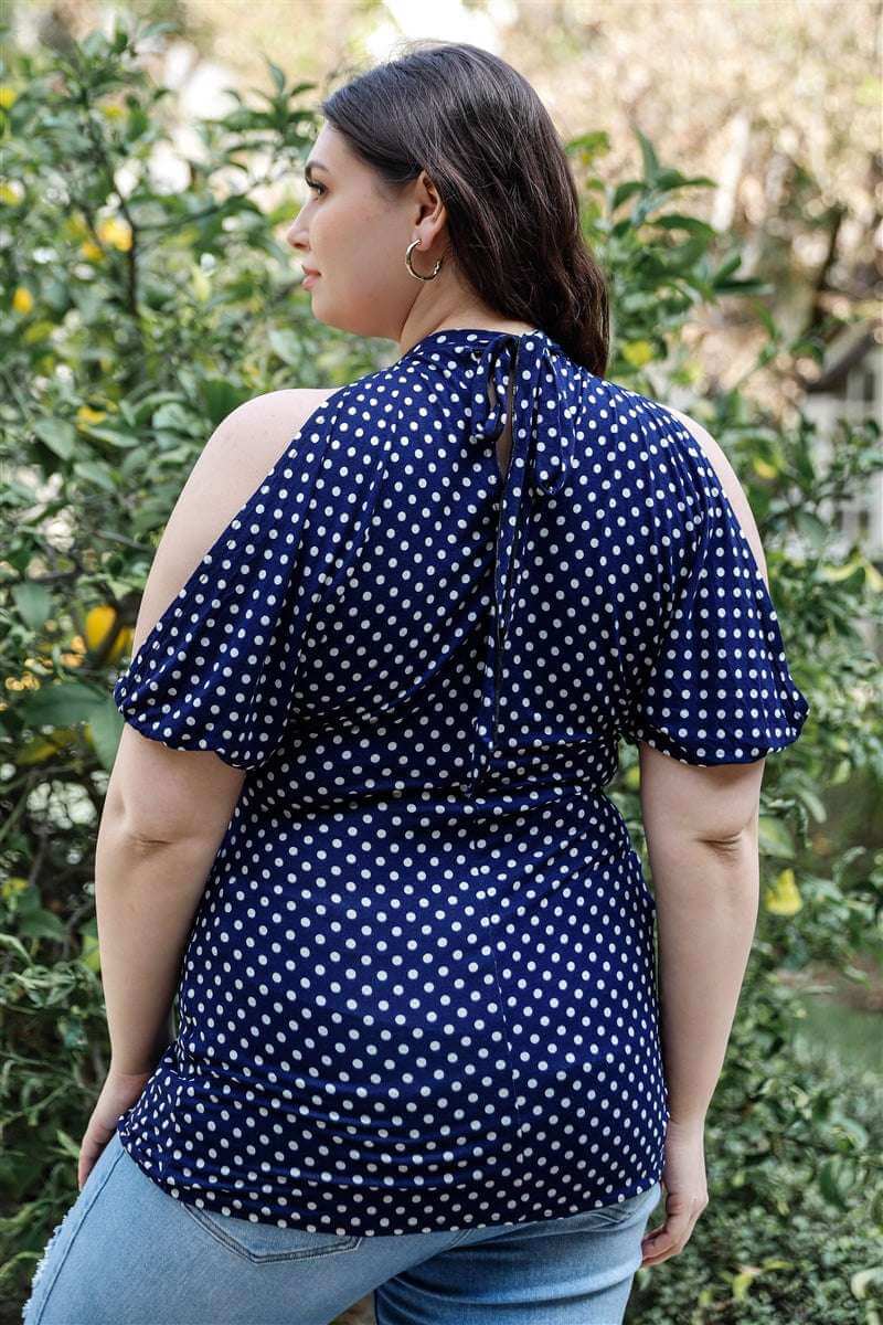 Plus Polka Dot Cold Shoulder Short Sleeve Back Self-tie Top - The Diva Goddess