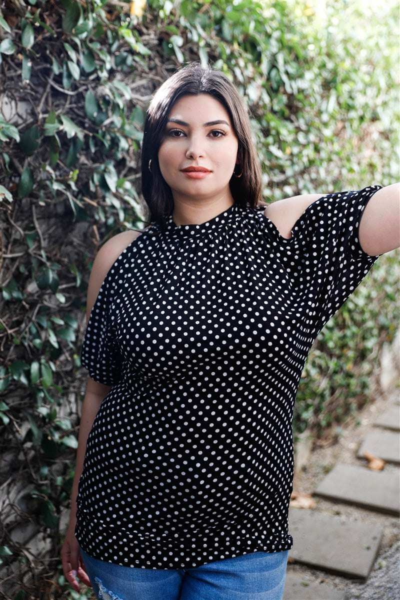 Plus Polka Dot Cold Shoulder Short Sleeve Back Self-tie Top - The Diva Goddess