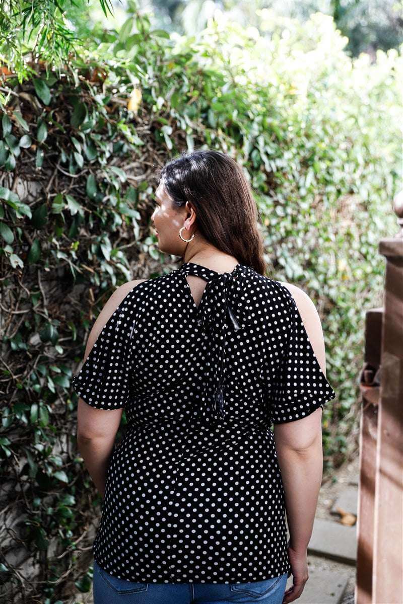 Plus Polka Dot Cold Shoulder Short Sleeve Back Self-tie Top - The Diva Goddess