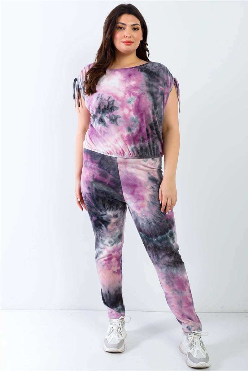 Plus Purple & Black Tie-dye Ruched Shoulder Detail Top & Pants Set - The Diva Goddess