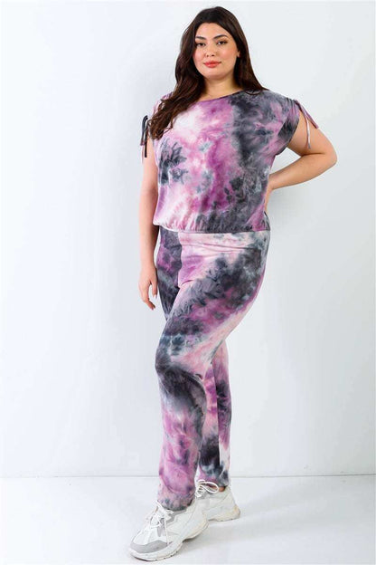 Plus Purple & Black Tie-dye Ruched Shoulder Detail Top & Pants Set - The Diva Goddess