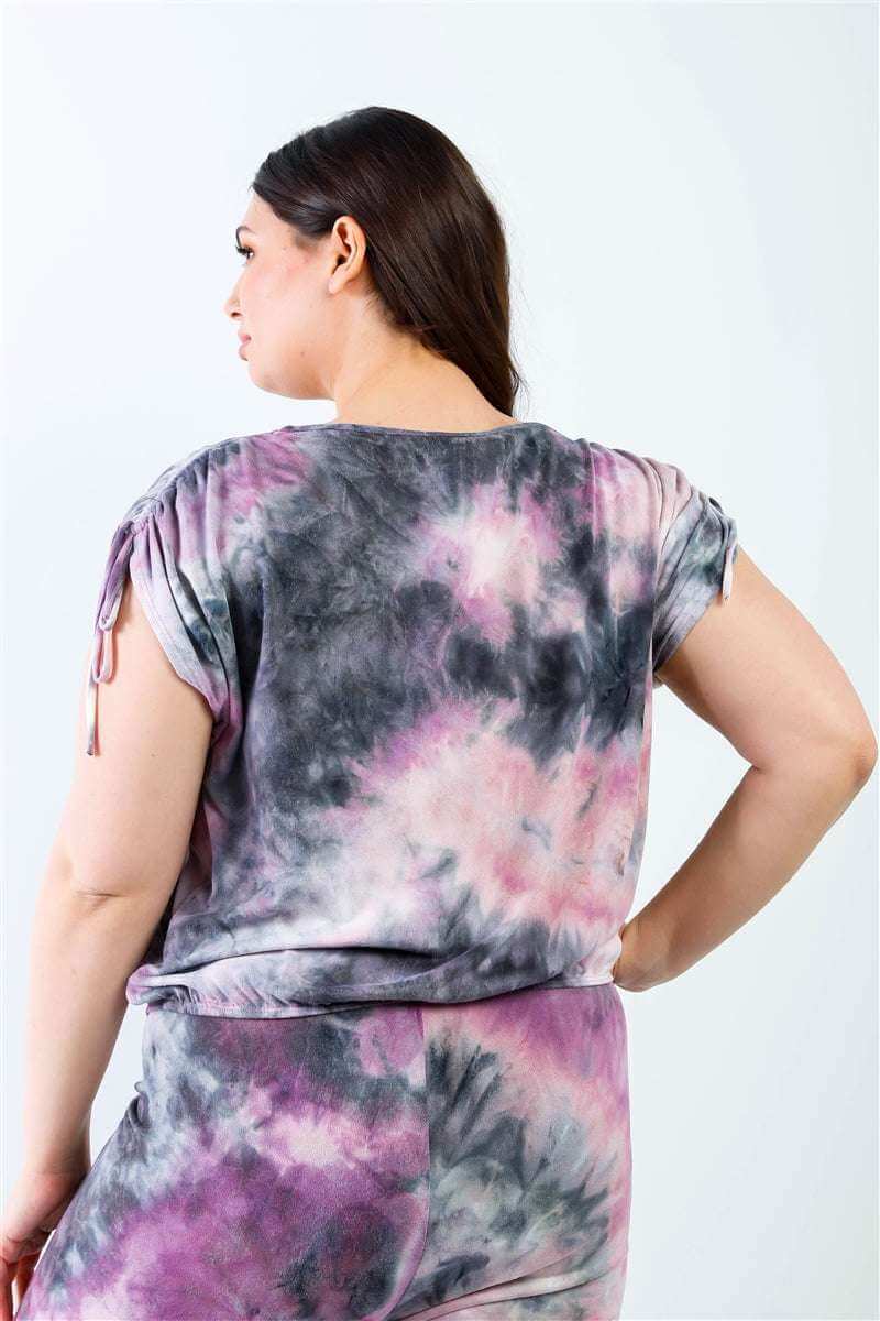 Plus Purple & Black Tie-dye Ruched Shoulder Detail Top & Pants Set - The Diva Goddess