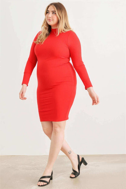 Plus Red Ribbed Long Sleeve Mock Neck Cut-out Back Midi Dress - The Diva Goddess