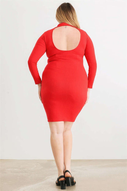 Plus Red Ribbed Long Sleeve Mock Neck Cut-out Back Midi Dress - The Diva Goddess