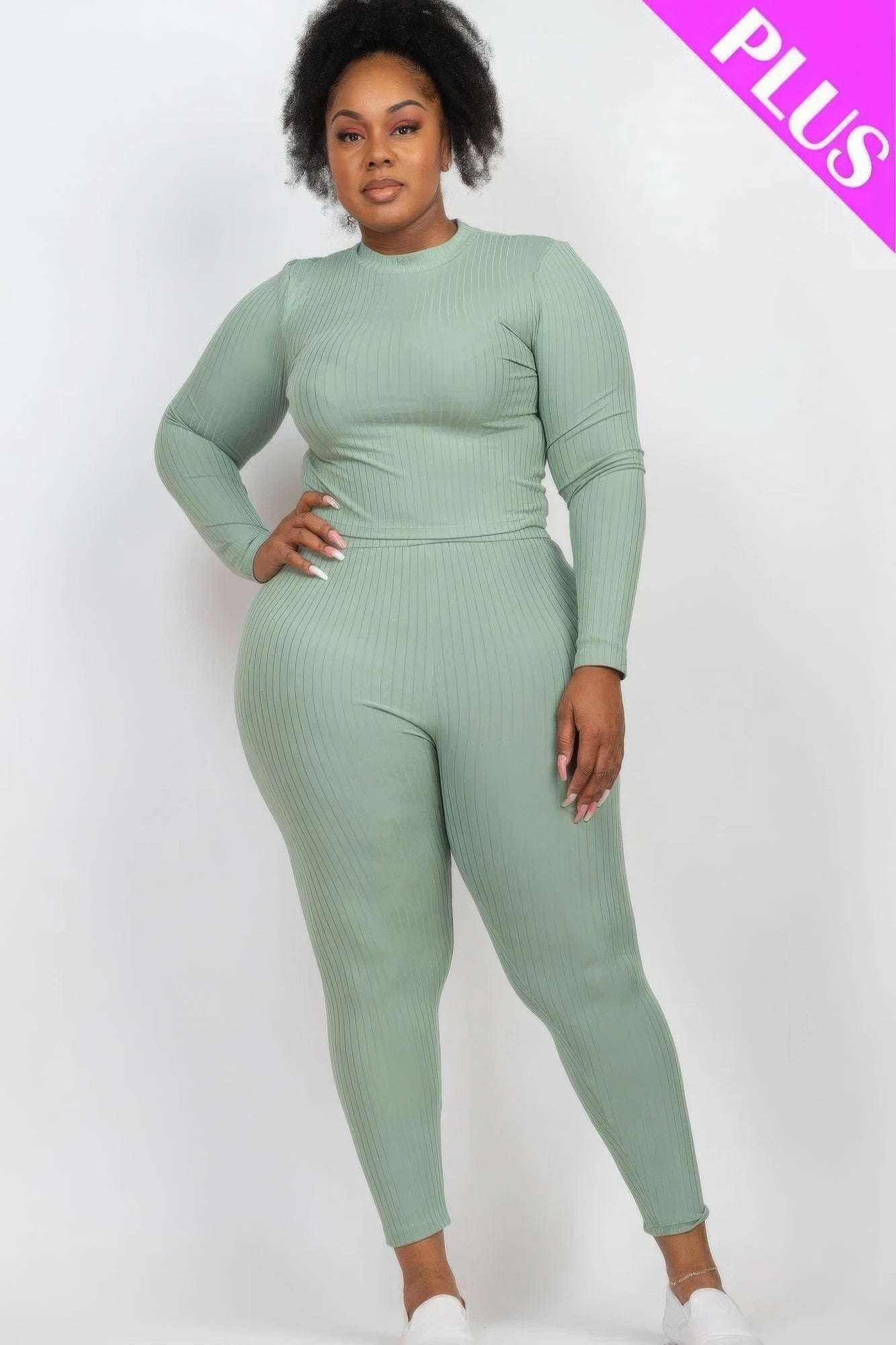 Plus Ribbed Mock Neck Long Sleeve Top & Leggings Set - The Diva Goddess