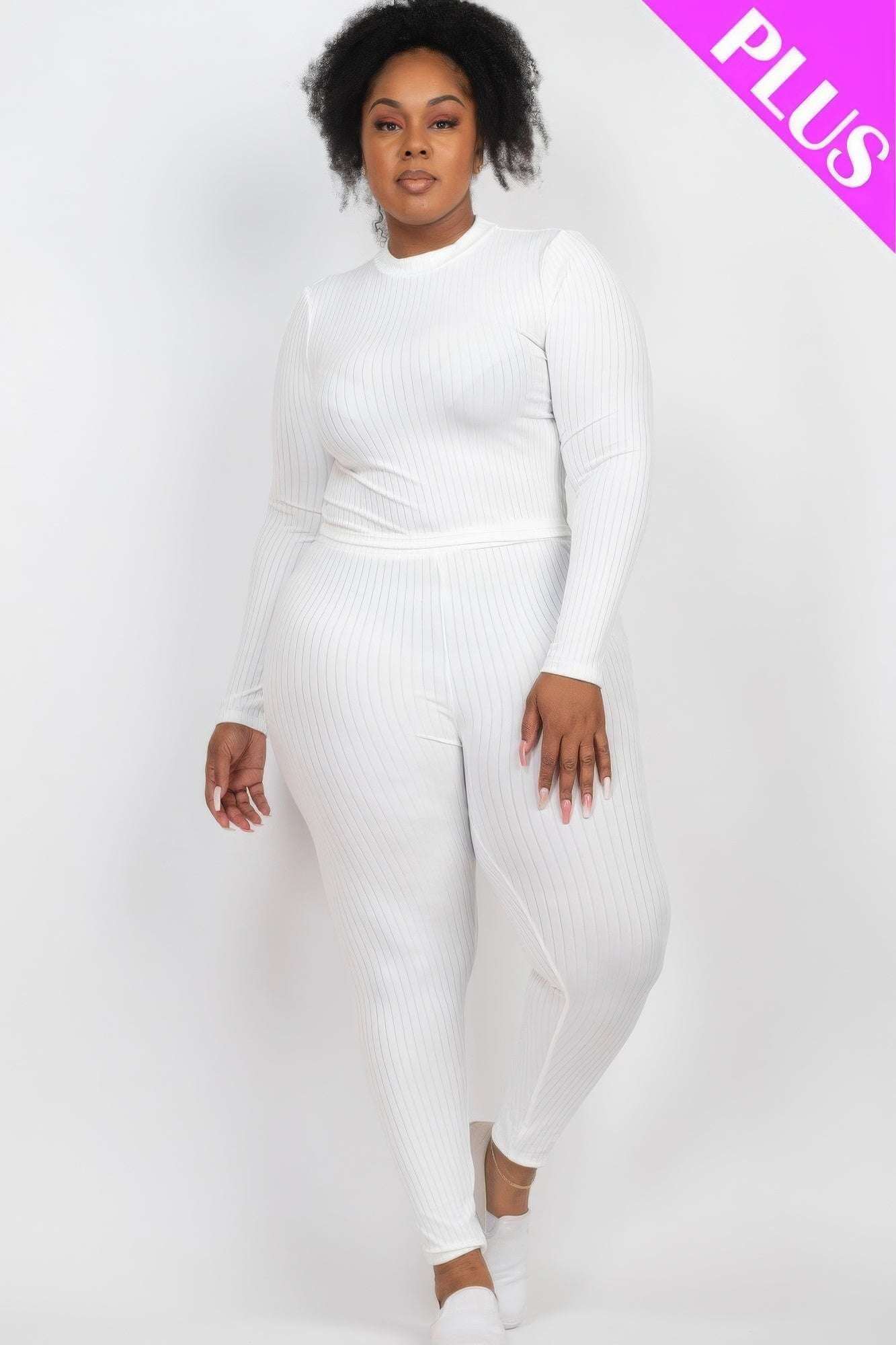 Plus Ribbed Mock Neck Long Sleeve Top & Leggings Set - The Diva Goddess