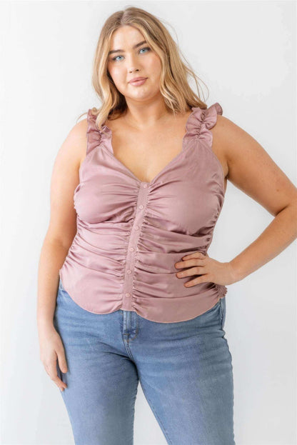 Plus Ruched Button-up Ruffle Strap Smocked Back Tank Top - The Diva Goddess