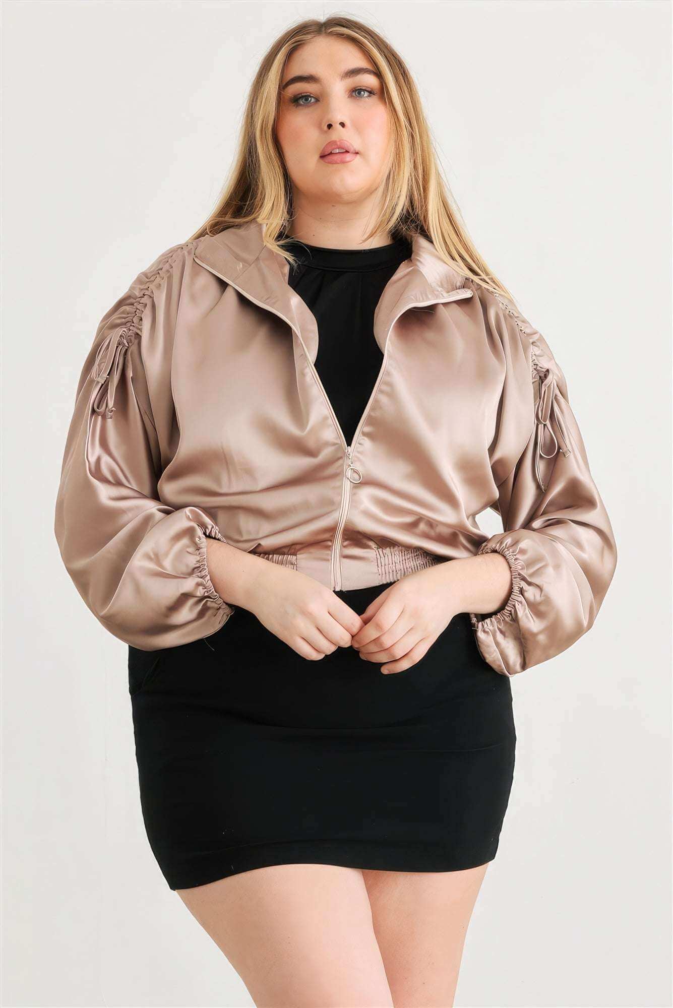 Plus Satin Zip-up Ruched Long Sleeve Cropped Bomber Jacket - The Diva Goddess