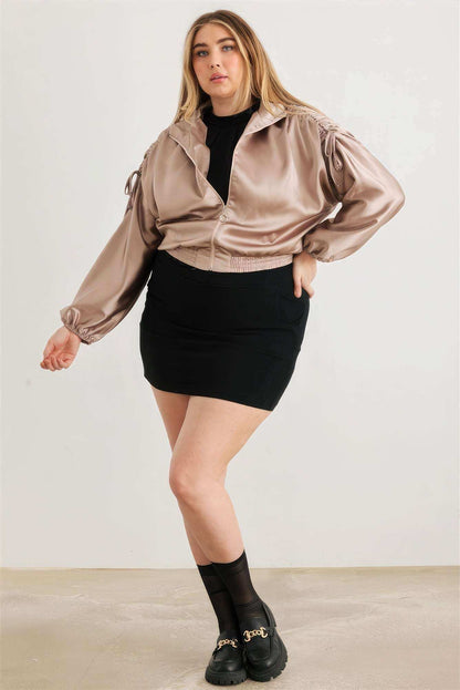 Plus Satin Zip-up Ruched Long Sleeve Cropped Bomber Jacket - The Diva Goddess