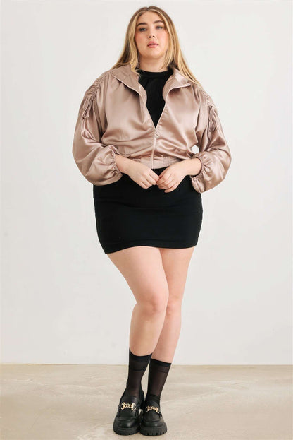 Plus Satin Zip-up Ruched Long Sleeve Cropped Bomber Jacket - The Diva Goddess