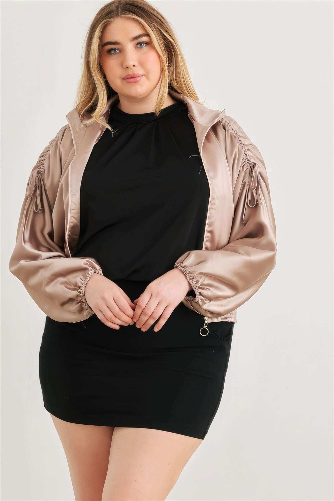 Plus Satin Zip-up Ruched Long Sleeve Cropped Bomber Jacket - The Diva Goddess