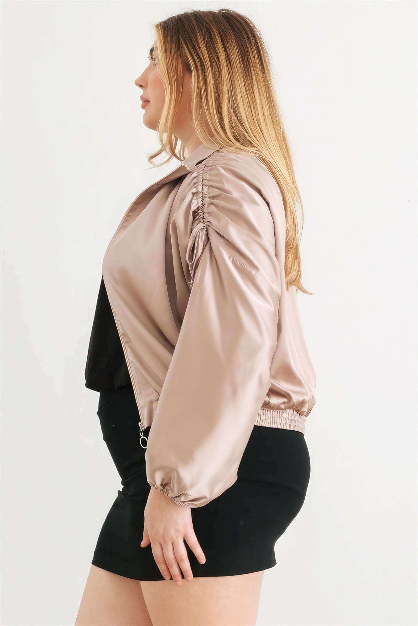 Plus Satin Zip-up Ruched Long Sleeve Cropped Bomber Jacket - The Diva Goddess