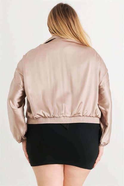 Plus Satin Zip-up Ruched Long Sleeve Cropped Bomber Jacket - The Diva Goddess