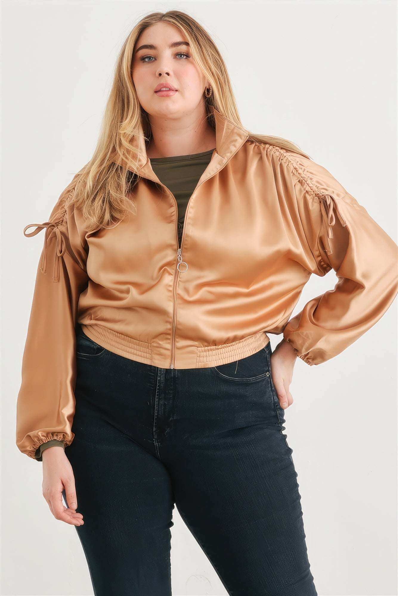 Plus Satin Zip-up Ruched Long Sleeve Cropped Bomber Jacket - The Diva Goddess