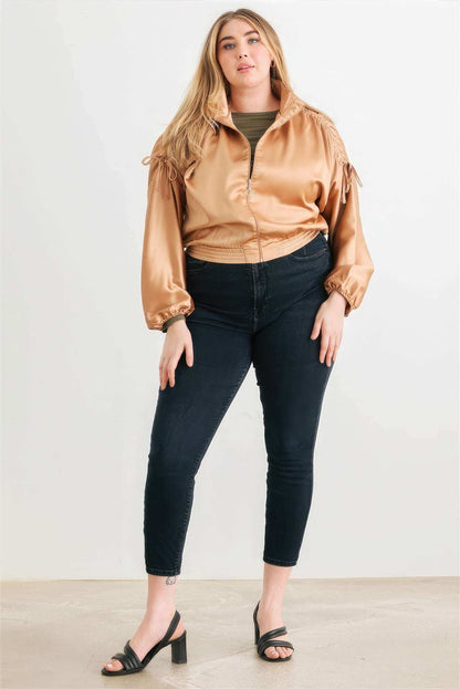 Plus Satin Zip-up Ruched Long Sleeve Cropped Bomber Jacket - The Diva Goddess