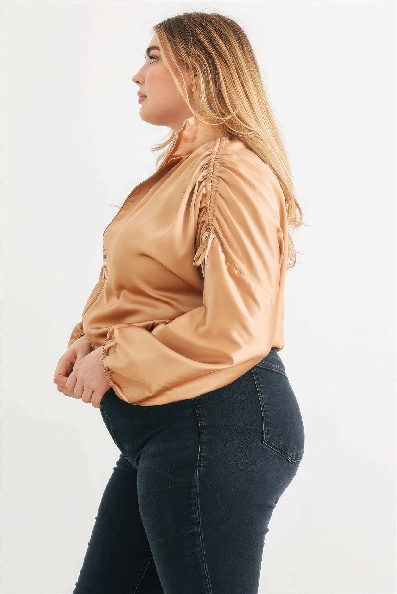 Plus Satin Zip-up Ruched Long Sleeve Cropped Bomber Jacket - The Diva Goddess