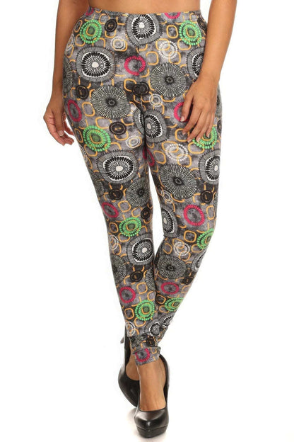 Plus Size Abstract Print, Full Length Leggings In A Slim Fitting Style With A Banded High Waist - The Diva Goddess