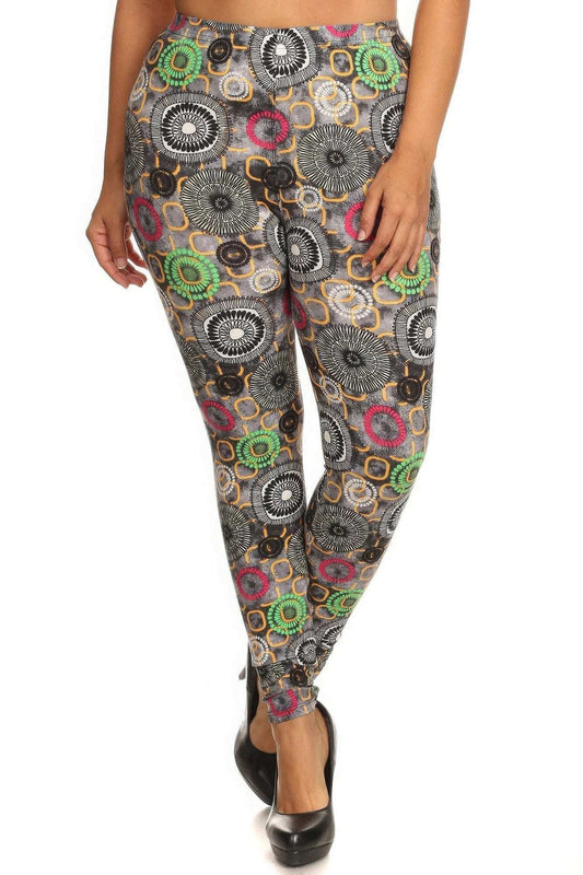 Plus Size Abstract Print, Full Length Leggings In A Slim Fitting Style With A Banded High Waist - The Diva Goddess