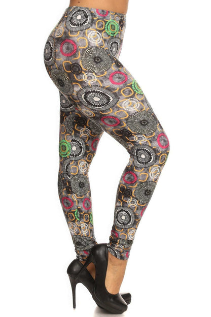 Plus Size Abstract Print, Full Length Leggings In A Slim Fitting Style With A Banded High Waist - The Diva Goddess