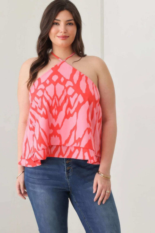 Plus Size Abstract Print Halter Ruffle Hem Top - The Diva Goddess